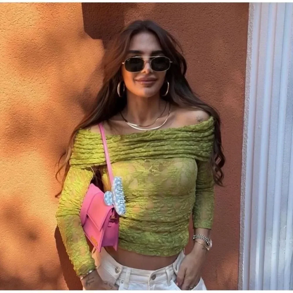 Zara off the shoulder green lace top